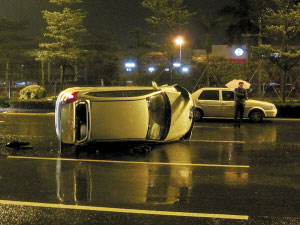 雨天路滑轿车侧翻 年货撒了一地（图）