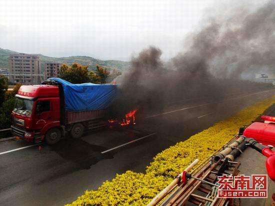 福厦高速货车轮胎爆炸起火 消防半小时扑灭