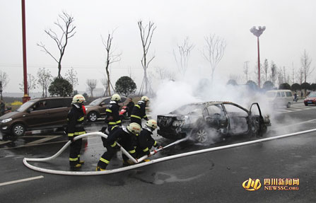 眉山一轿车“冒火”烧成光架 消防紧急灭火