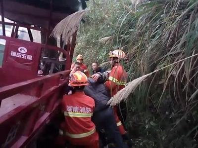 三轮车失控撞向路边大树司机被卡 消防救援