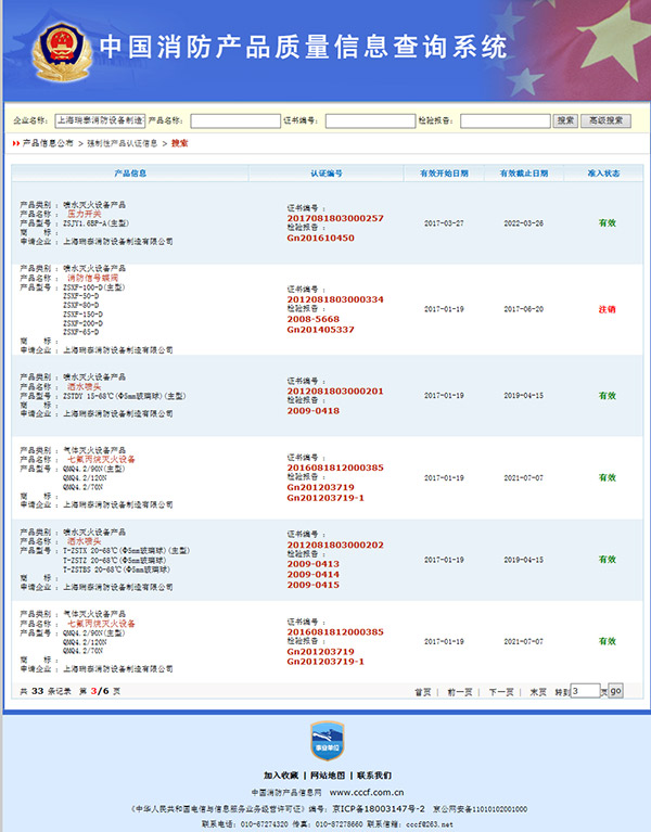 上海瑞泰喷水灭火设备等产品通过3C强制认证