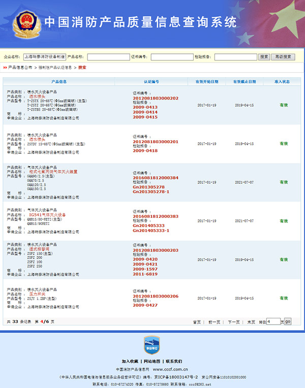 上海瑞泰喷水灭火设备等产品通过3C强制认证