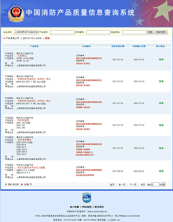上海瑞泰喷水灭火设备等产品通过3C强制认证