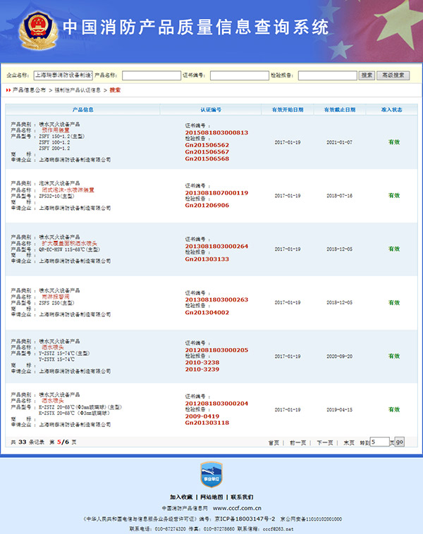 上海瑞泰喷水灭火设备等产品通过3C强制认证