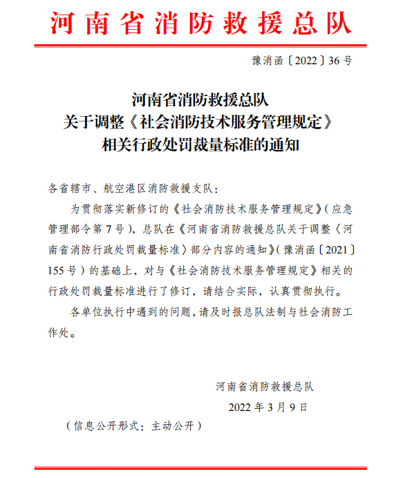 河南省消防行政处罚裁量标准 豫消函〔2022〕36号