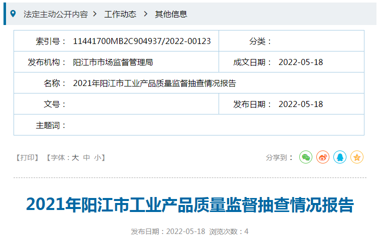 2021年广东省阳江市工业产品质量监督抽查情况报告