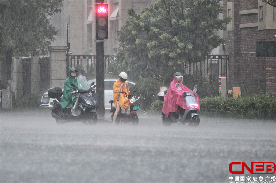 山东济南发布暴雨黄色预警 市民冒雨出行