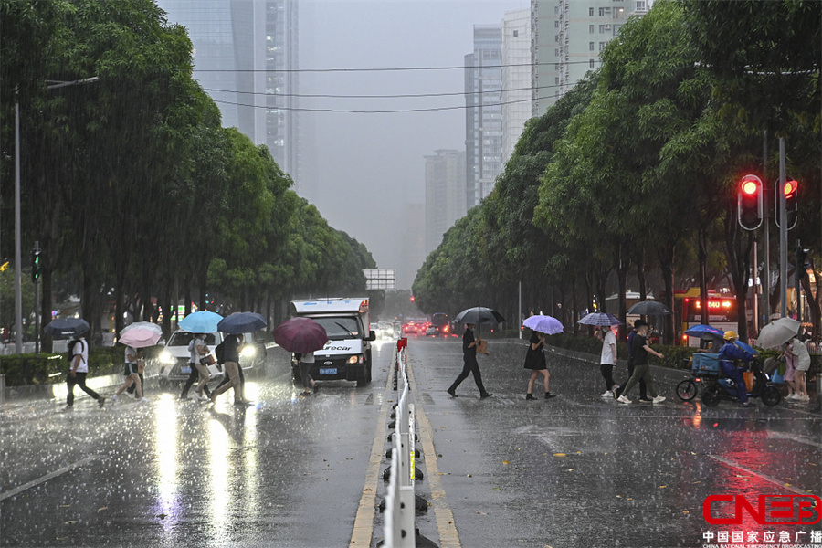 广州城区降暴雨 市民雨中出行