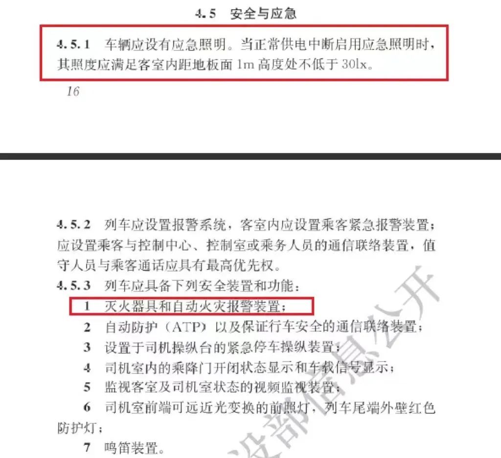 城市轨道交通车辆、列车必须设置应急照明、自动火灾报警装置！