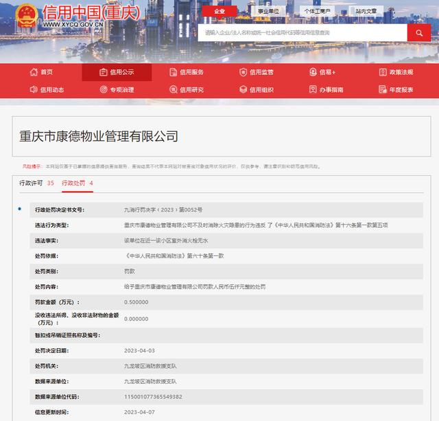 重庆市康德物业管理有限公司不及时消除火灾隐患被罚款